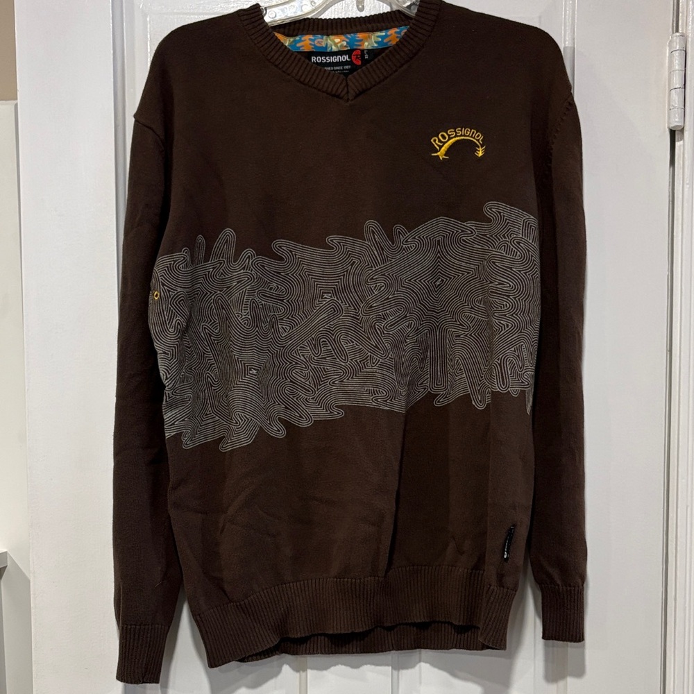 Rossignol Vintage Brown V-Neck Graphic Men's Sweater Men’s Medium